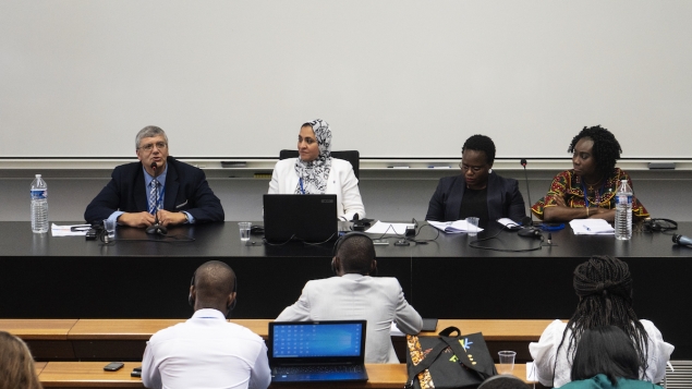 Amr Adly, Ghada Bassioni, Regina Maphanga and Olanike Adeyemo were the speakers of a panel of the YASE meeting about challenges to keep links with Europe when you come back to do research in Africa ©Raymond Gomez/Afriscitech
